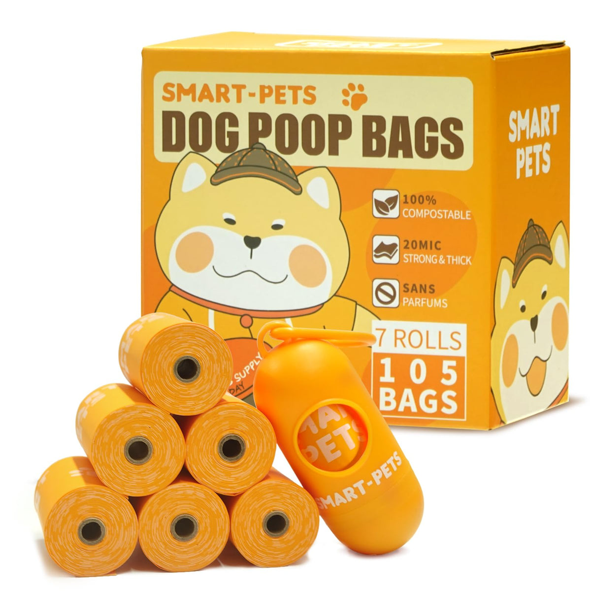 100% Certified Home Compostable Dog Poop Bags - EN 13432 Compliant Dog Waste Bags -105 Bags- 7 x Rolls of Plant Based Compostable Poop Bags -Includes A Dispenser-Thick Doggie Poop Bags(Orange)