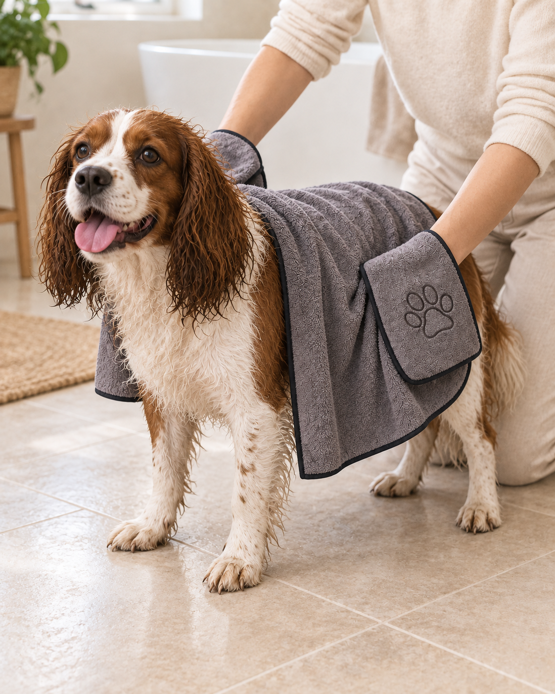 Adult gently drying a damp spaniel using both hand pockets of a gray microfiber towel in a bright bathroom.
