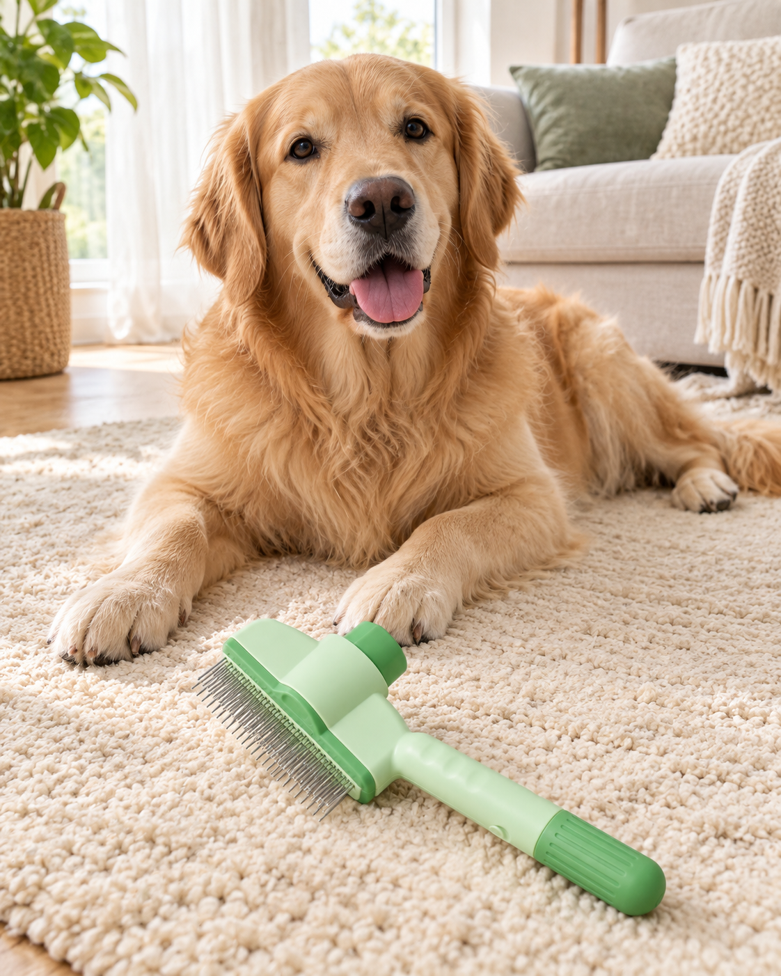 Mint-green grooming comb beside a relaxed golden retriever on a cream rug in a bright home.
