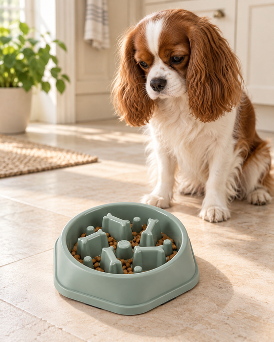 Spaniel beside a sage-green slow-feeder bowl with kibble in a sunlit kitchen.