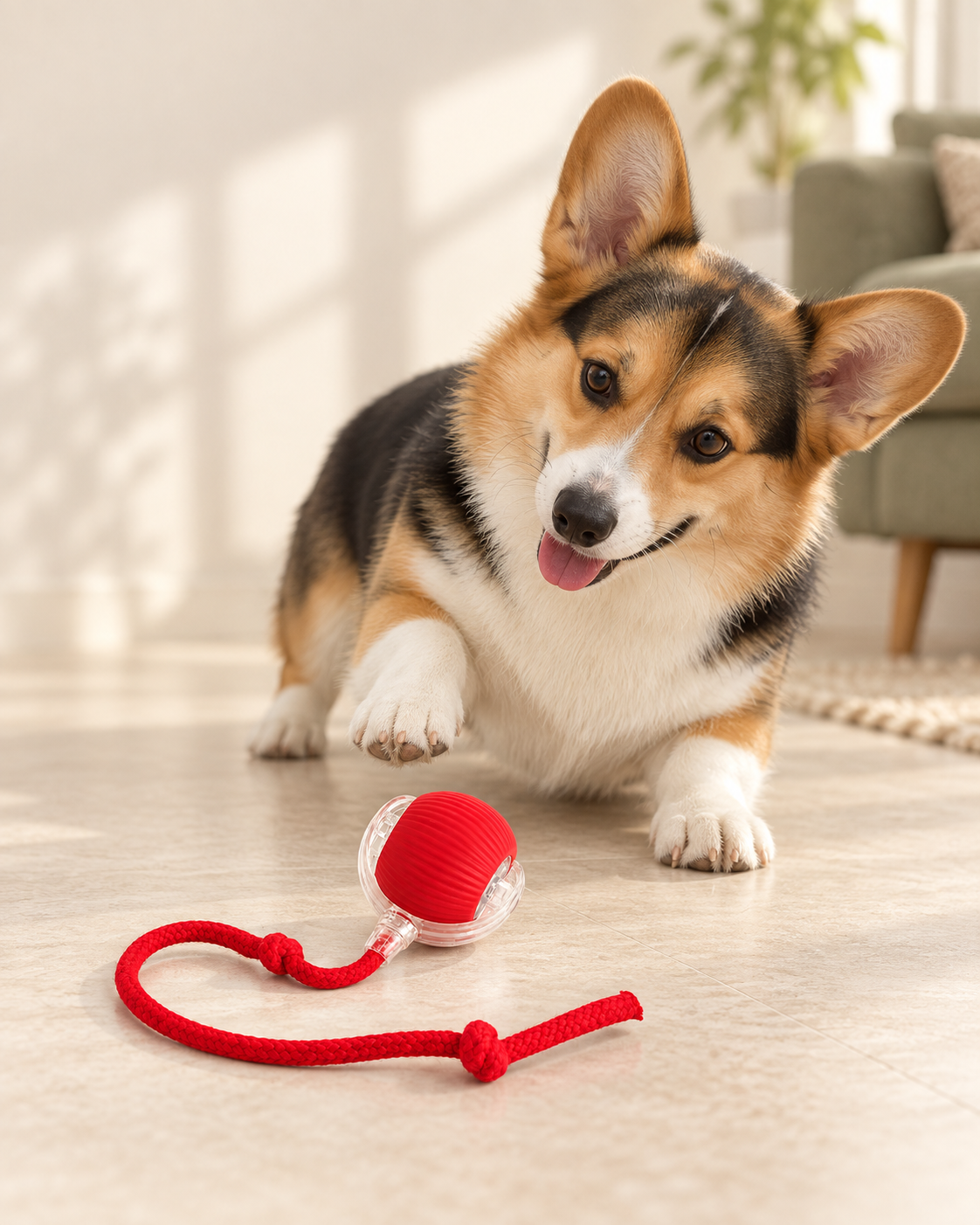 Corgi playing beside a red rolling pet ball with clear housing and a two-knot rope in a bright home.
