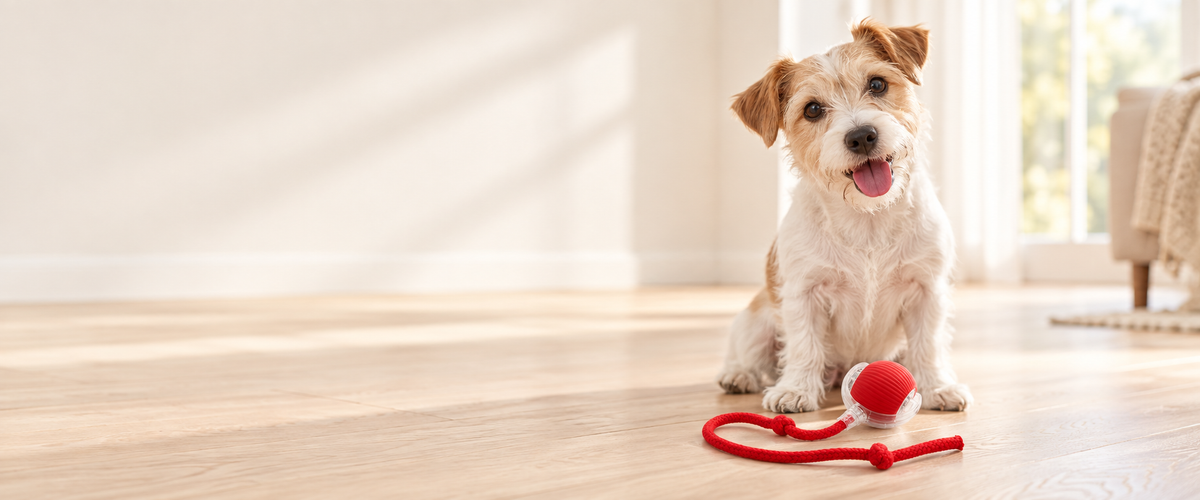 Small terrier sitting beside a red rolling pet ball with a clear shell and knotted rope in a bright home.