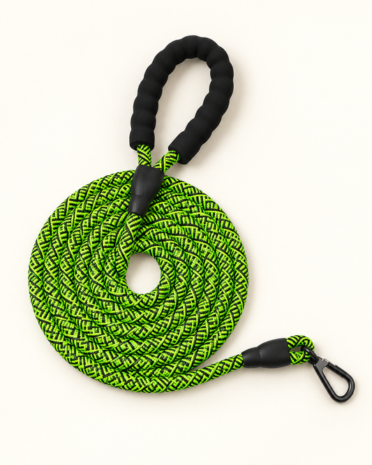 Coiled lime-green and black rope training lead with padded black loop handle and metal clip on ivory.