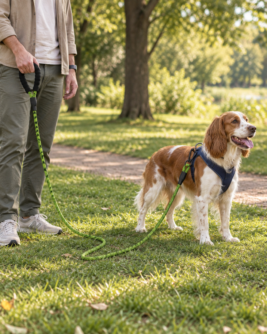 Adult holding a lime-green rope lead attached to a spaniel’s harness, with slack rope on park grass.