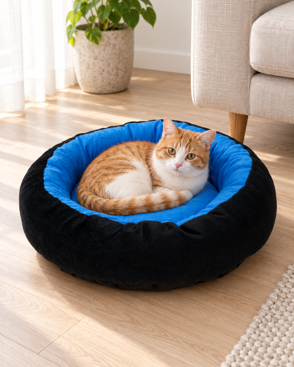 Orange-and-white cat resting in a blue cushioned pet bed with a black outer wall beside a cream sofa.