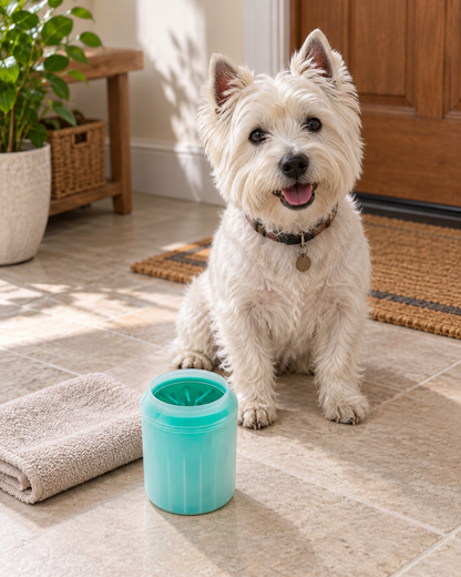 Green manual paw cleaner cup and folded towel beside a small white terrier in a bright entryway.