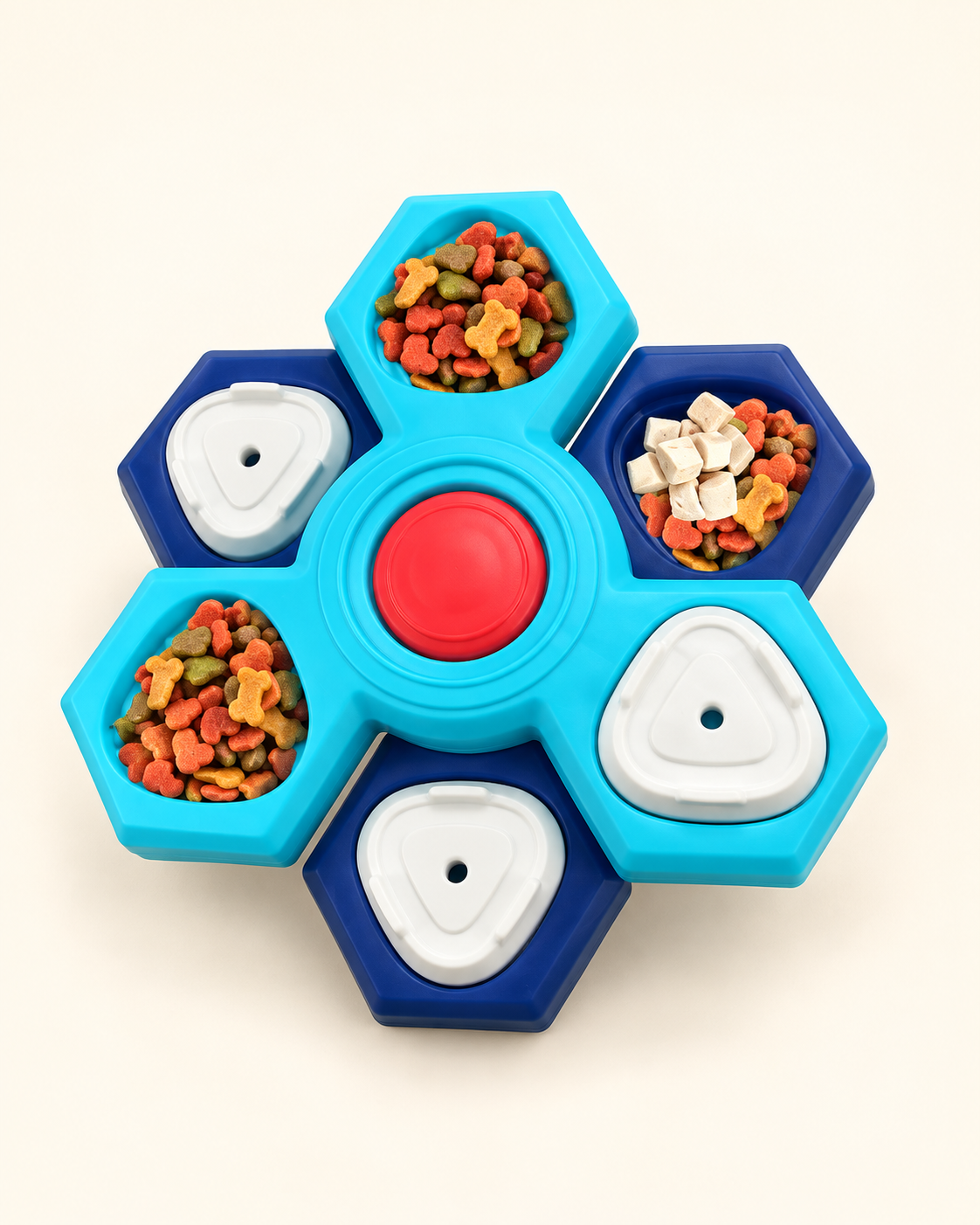Two-layer dog treat puzzle with six alternating cyan and navy compartments, white covers and a red center.