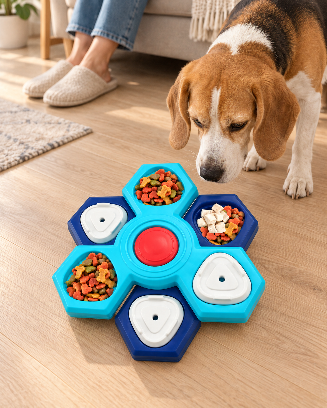 Beagle sniffing a cyan and navy two-layer treat puzzle on the floor with an adult seated nearby.