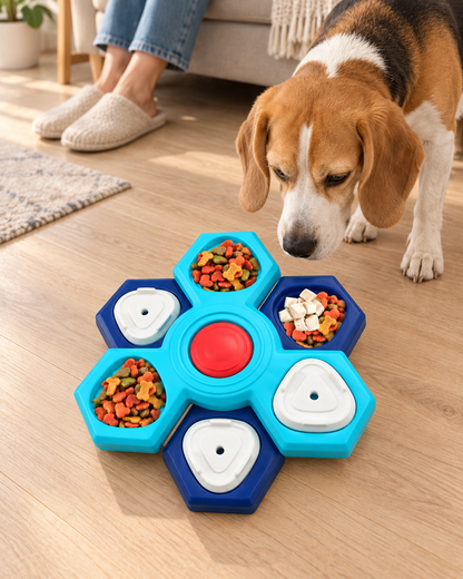 Beagle sniffing a cyan and navy two-layer treat puzzle on the floor with an adult seated nearby.