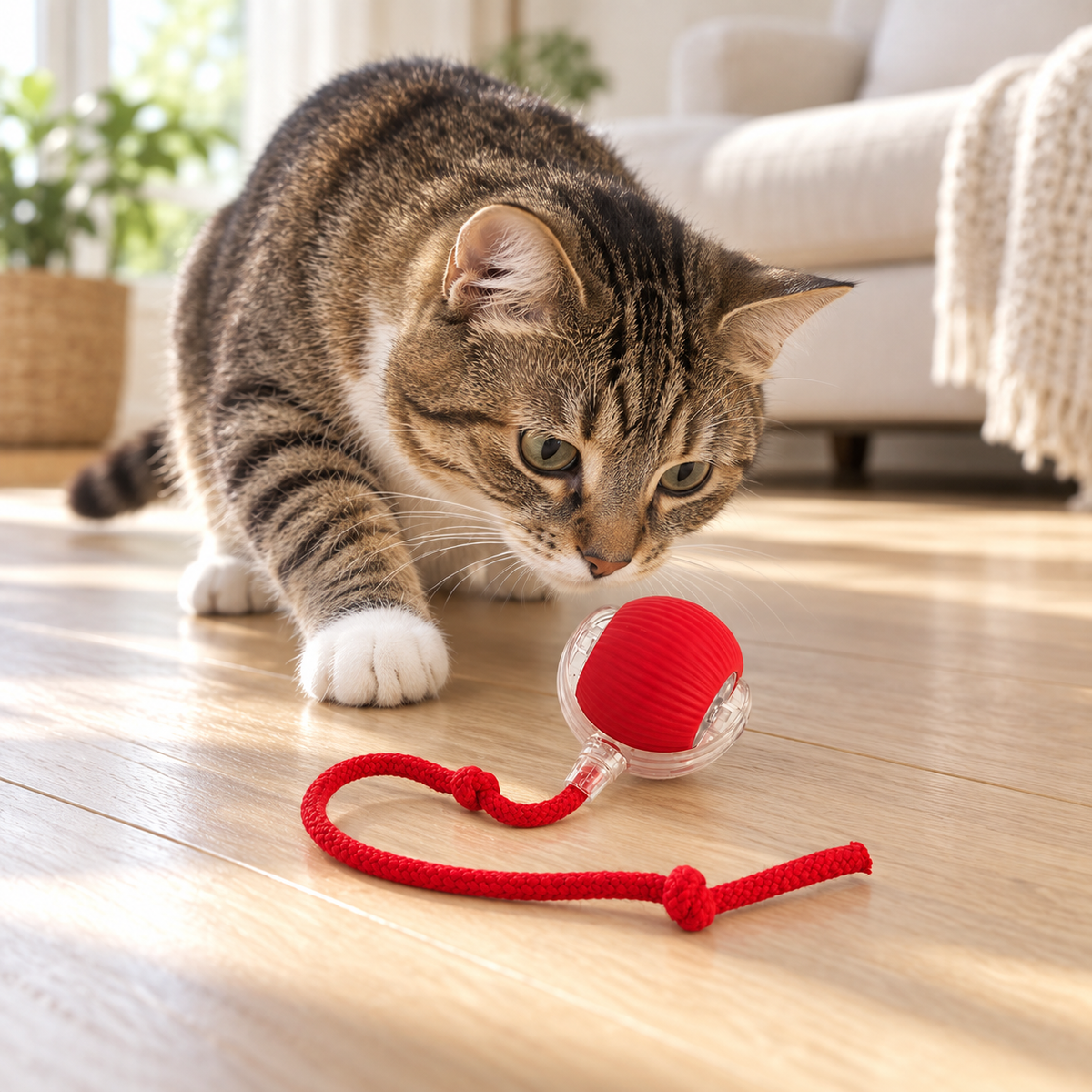 Tabby cat investigating a small red rolling pet ball with clear housing and a knotted red rope.