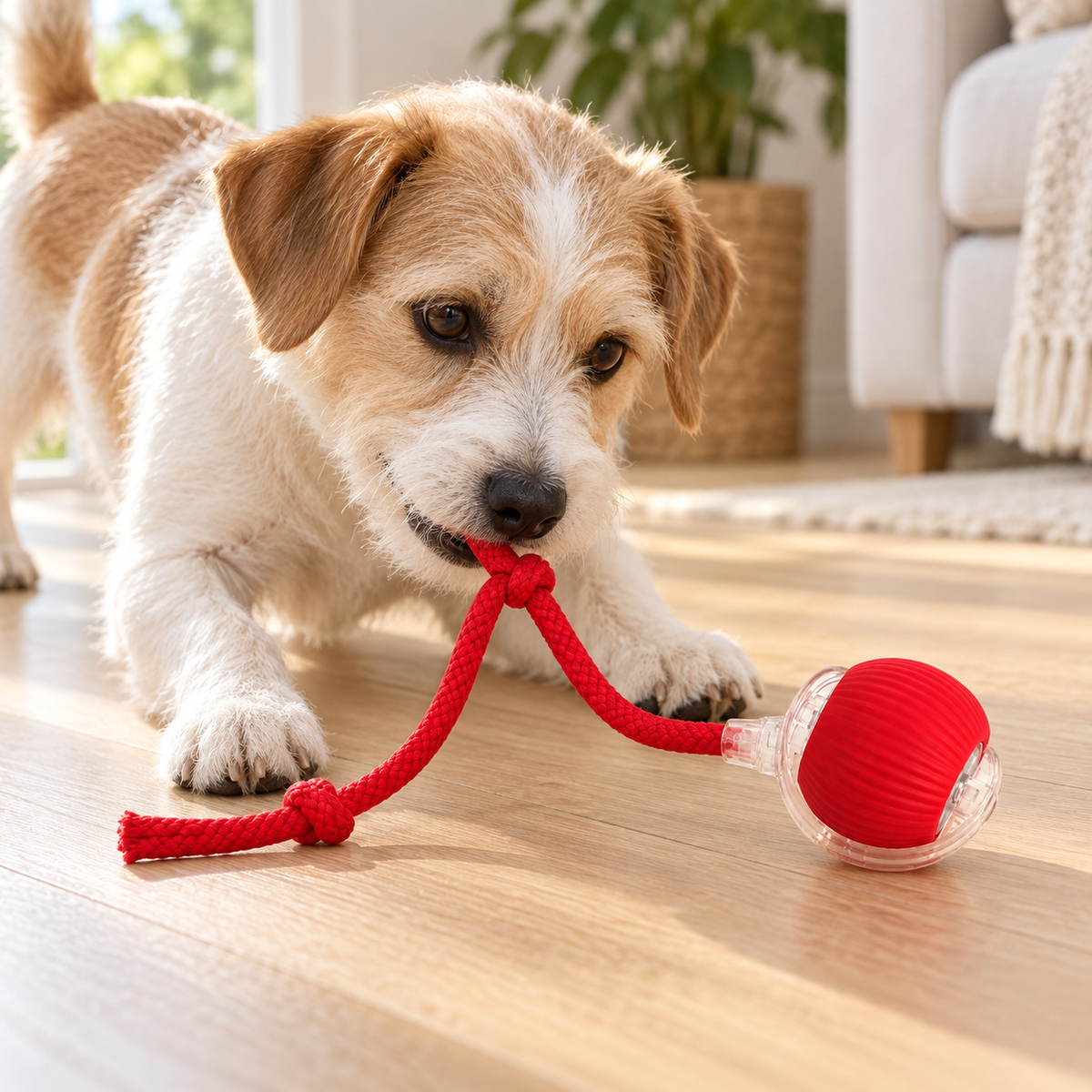 Small terrier holding the knotted red rope of a red rolling pet ball resting on a wooden floor.