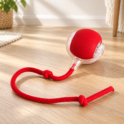 Red automatic rolling pet ball with a knotted rope on a sunlit wooden floor.