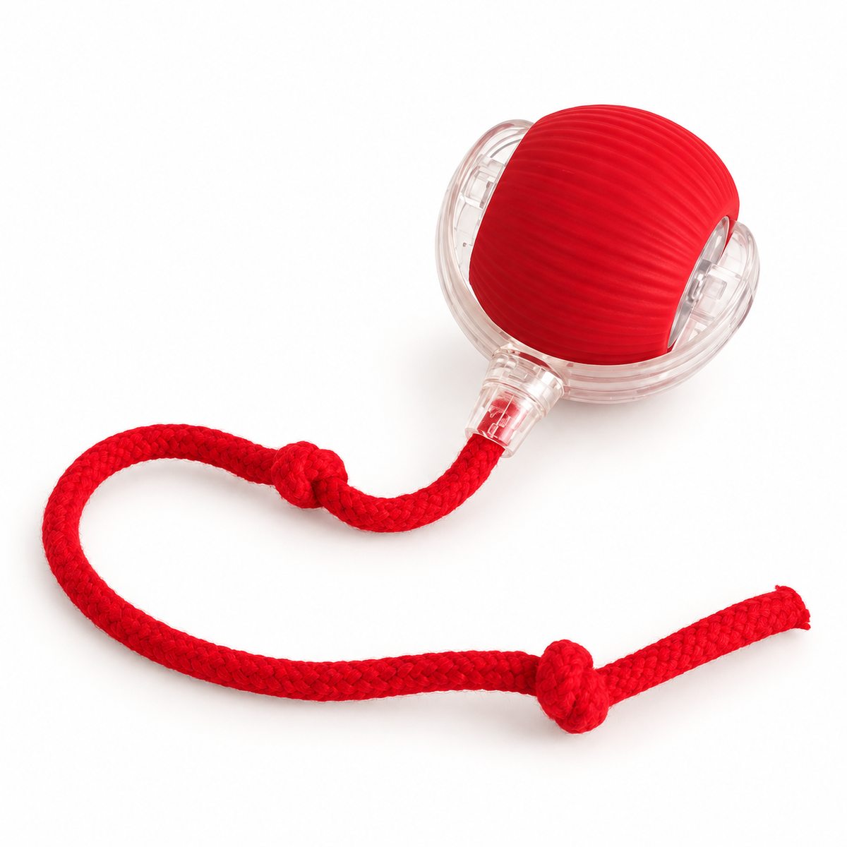 Red automatic rolling pet ball with clear housing and a knotted rope on a white background.