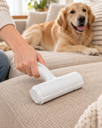 Hand using a white pet hair remover roller on a beige sofa beside a relaxed golden retriever.