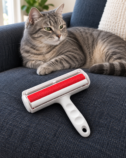White pet hair remover roller with red fabric beside a gray tabby cat resting on a navy sofa.