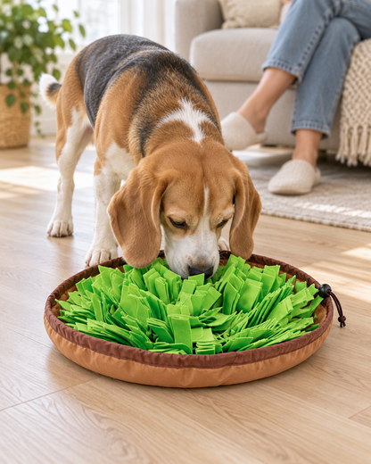 Beagle exploring a grass-green drawstring snuffle mat on a living room floor.