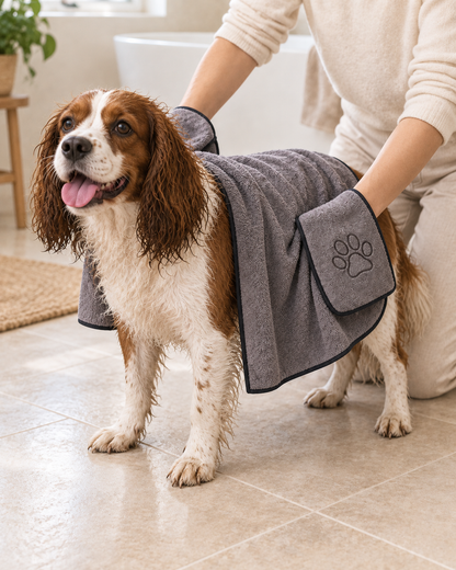 Adult gently drying a damp spaniel using both hand pockets of a gray microfiber towel in a bright bathroom.